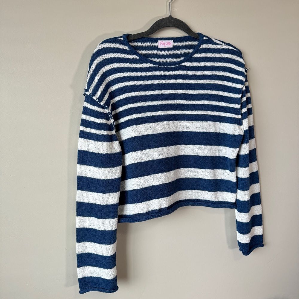 Striped Long Sleeve Pullover Knit Sweater Small Blue White Striped Nautical - Picture 8 of 8